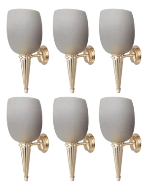 Set of Six Torch Sconces by Barovier E Toso – Gray Murano Glass & Brass, 1950's.