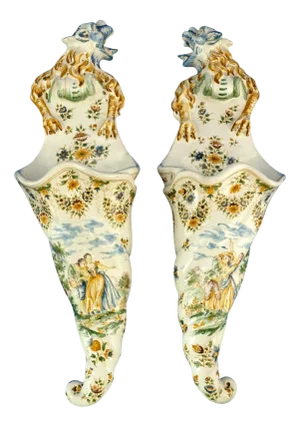 Cornucopia Flowerpots in Majolica Ceramic from Le Moustiers Manufacture, France, 18th Century, Set of 2