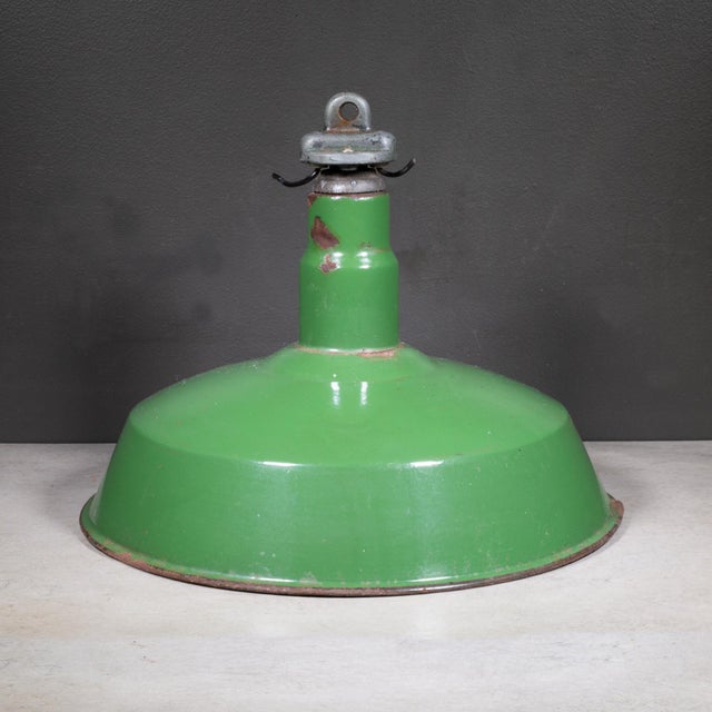 Ceramic Benjamin 16" Enameled Porcelain Green Industrial Pendant Lights c.1950-Set of Two For Sale - Image 7 of 11