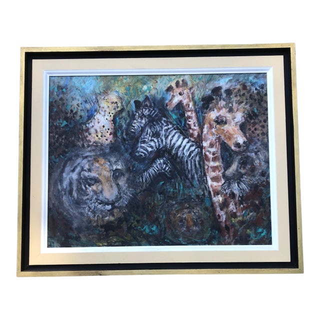 Original Vintage Mid Century Modern Jungle Scene Animal Drawing/Painting Original Vintage Frame For Sale