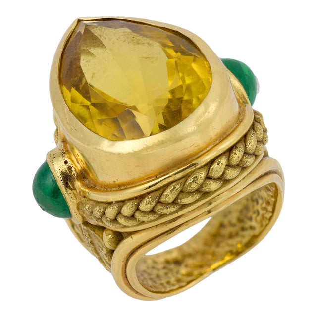 Vintage 15.30 Carat Citrine and Emerald 18k Yellow Gold Ring, Size 4 For Sale