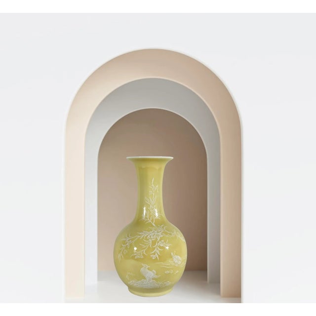 Ceramic Vintage Lemon Yellow Monochrome Fine Porcelain Chinese Vase With Hand Painted White Pate Scenic Relief For Sale - Image 7 of 10