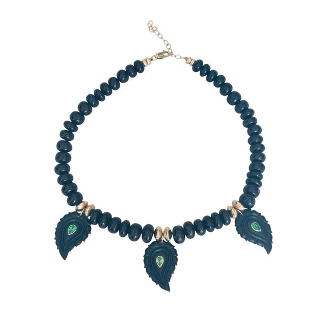 Modern Black Onyx and Tsavorite Paisley Necklace, 14k Gold For Sale - Image 3 of 8