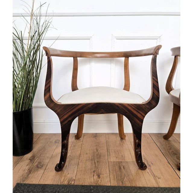 Very elegant and refined Italian 1940s Mid-Century Art Deco armchairs with beautiful front shape and veneer burl walnut...