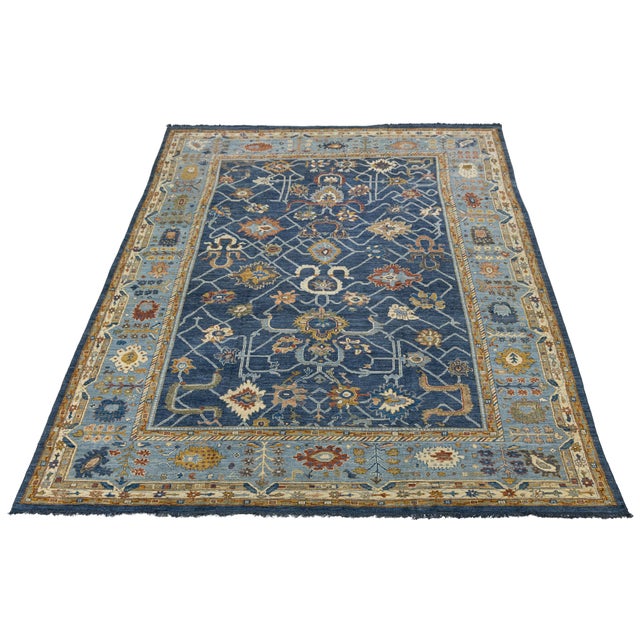 14x20 Hand-Knotted Modern Oushak Style Wool Rug in Indigo Blue & Earthy Motifs For Sale - Image 4 of 12