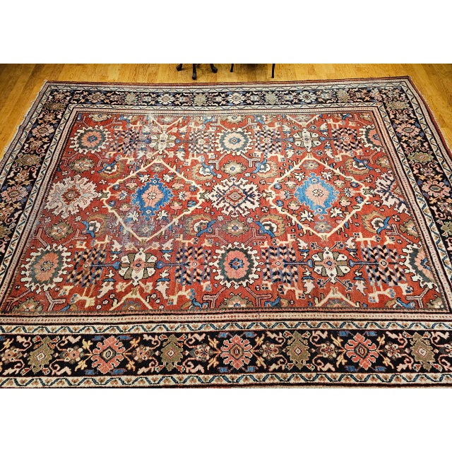 Textile Antique Persian Mahal Sultanabad Rug, Hand-Knotted Wool, Geometric Pattern, 9x12, Red & Navy For Sale - Image 7 of 18