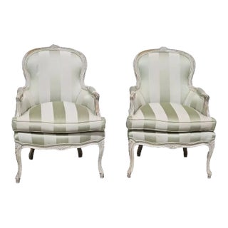 Mid 20th Century Pair of French Style Bergère Armchairs Upholstered in Silk Striped Fabric For Sale