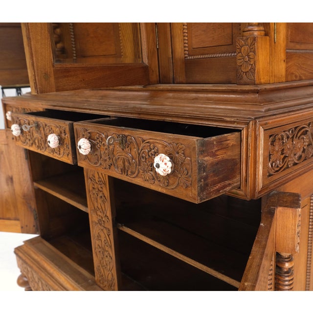 Brown Solid Carved Teak Antique Two Part Cupboard Cabinet with Unique Feature For Sale - Image 8 of 11
