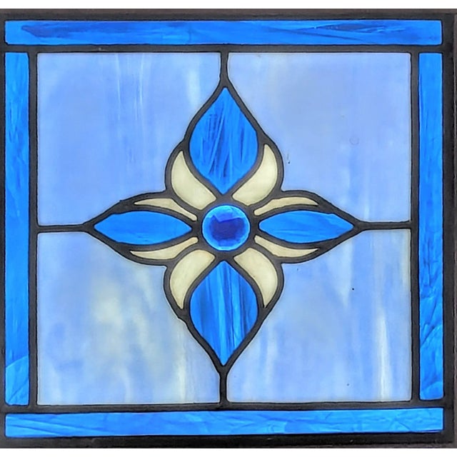 Mid-Century Modern '80s Victorian Style Stained Glass Panel in Wood Frame For Sale - Image 3 of 5