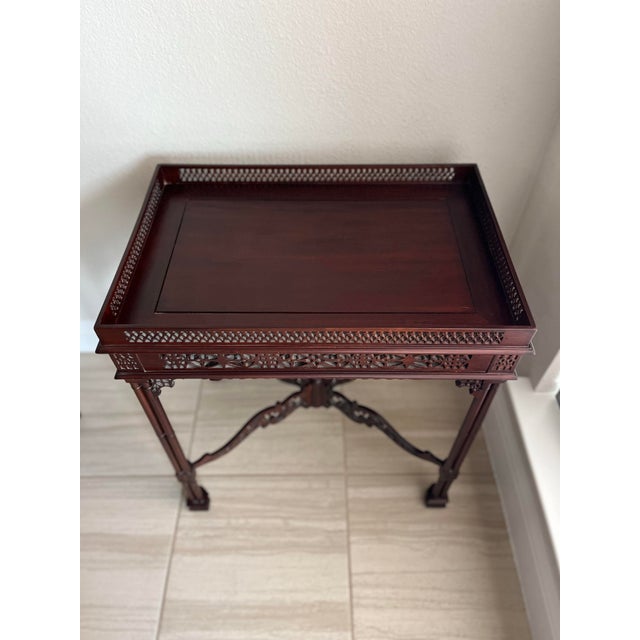 Chinese/Asian Chippendale Style Wood-Carved Fretwork Tea Table and 2 Side Table Set of 3 For Sale - Image 11 of 12