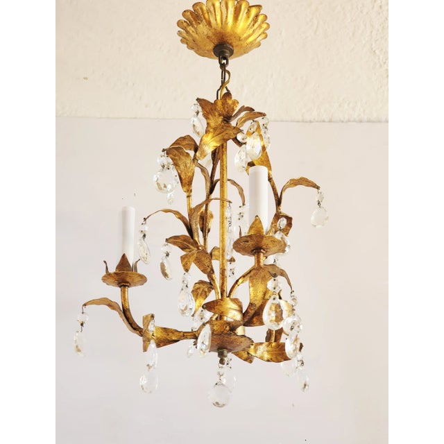 Vintage Italian Gilt Tole Chandelier With Crystal Prisms. For Sale In New York - Image 6 of 11
