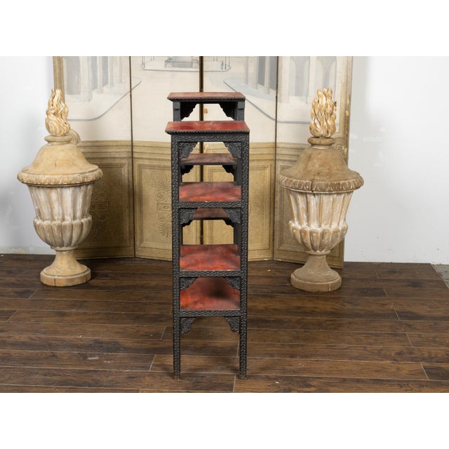 Wood Anglo-Indian 1930s Black Painted Tiered Shelf with Carved Scrolling Foliage For Sale - Image 7 of 11