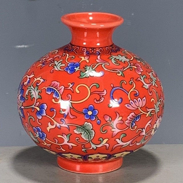 Chinese Vintage Chinese Coral Ground Famille Rose "Lotus Scroll" Miniature Vase, Qianlong Mark For Sale - Image 3 of 9