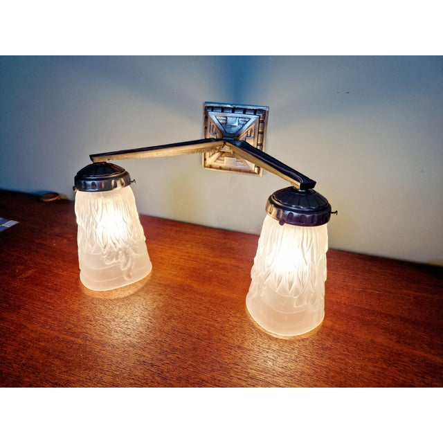 Silver Art Deco Double Wall Light in Nickel-Plated Bronze, 1920s For Sale - Image 8 of 14