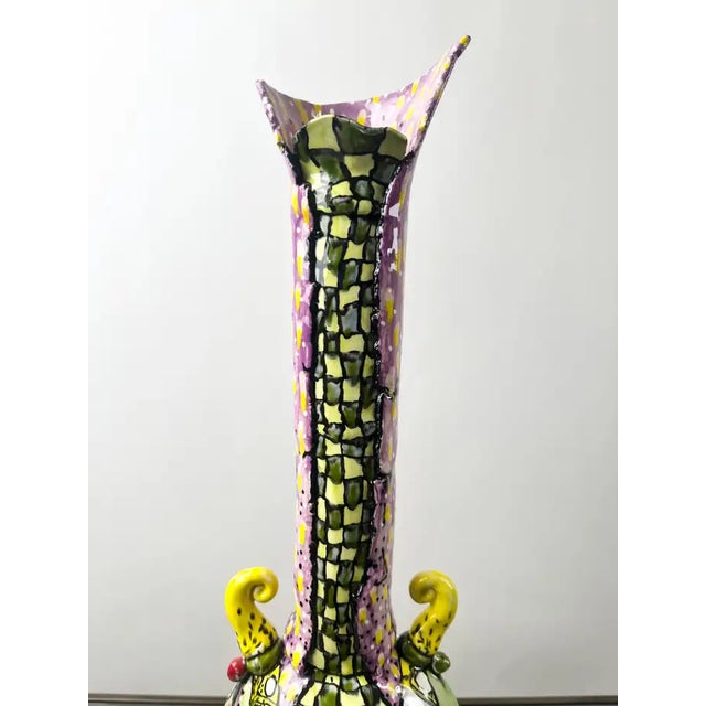 Abstract Studio Mult-color Hand Painted Ceramic Vase Signed & Dated 1999 This striking abstract ceramic vase, signed...