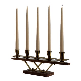 Vintage Candleholder in Wood and Brass, 1970s For Sale