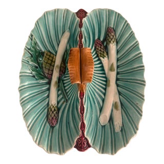 Antique French Lunéville Barbotine Majolica Turquoise Asparagus Platter For Sale