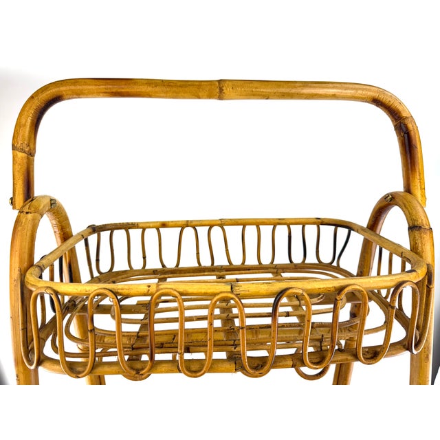 Mid-Century Modern Vintage Mid Century Bamboo Rattan Bar Cart Rack Stand With Handles For Sale - Image 3 of 15