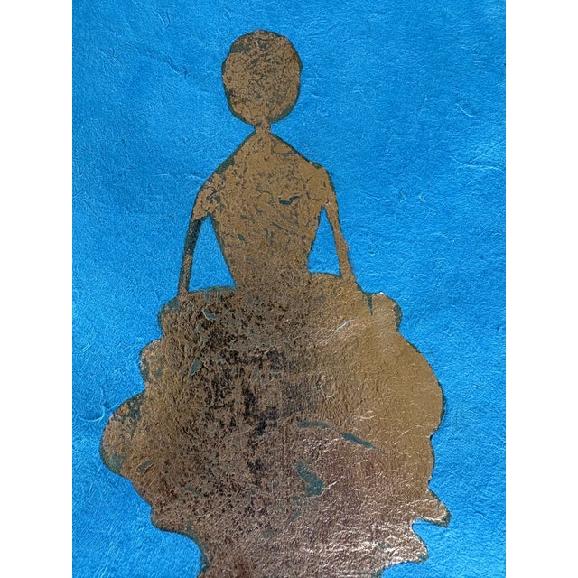 Gorgeous original copper leaf painting on bright cobalt blue Nepali Iokta cotton paper made and dyed by hand. Sourced...