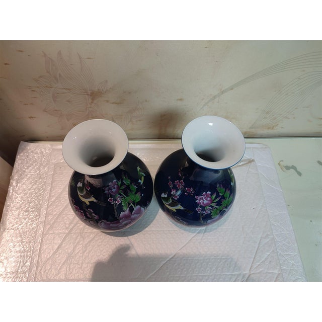 A Pair of Chinese Old Ceramic Vase,Qing Dynasty Qianlong Marked Blue Ground Famille Rose Porcelain Yuhuchun Vase Flowers and Birds Pattern For Sale - Image 4 of 11