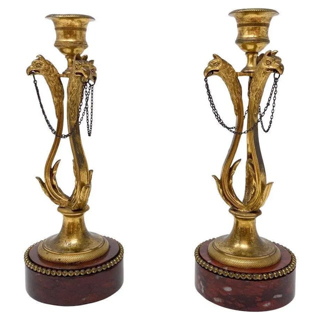 Metal Louis XVI Style Candlesticks in Gilded Bronze and Griotte Marble, Set of 2 For Sale - Image 7 of 7