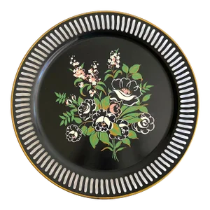 Vintage 1950's Floral Lithograph Print Extra Large Round Metal Decorative Serving Tray