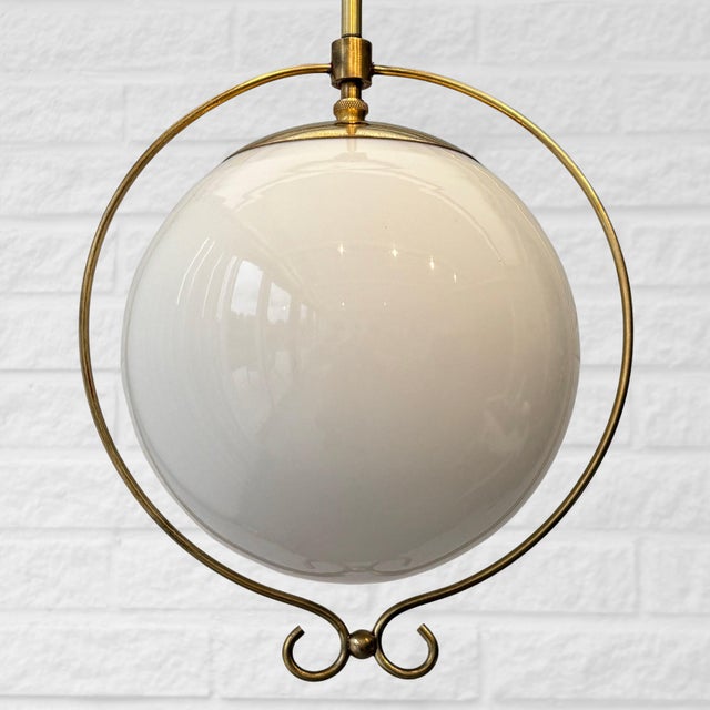 Mid-Century Modern Scandinavian Functionalist Pendant Globe Lamp in Glass and Brass, Sweden, 1930s For Sale - Image 3 of 8