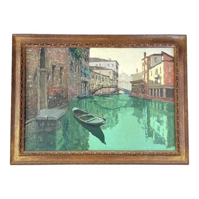 Large Vintage Signed and Framed Painting on Canvas of Venice Canal For Sale
