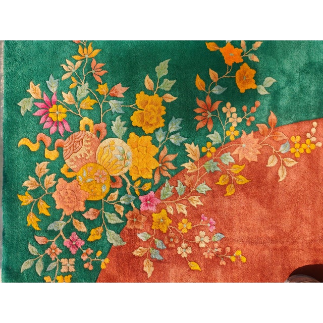 Art Deco 1920s Orange Floral Modern Antique Chinese Art Deco Rug 9' X 11'9" Handknotted Wool Carpet For Sale - Image 3 of 6