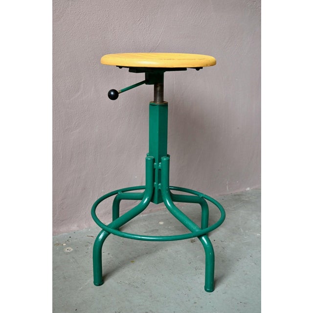Industrial Adjustable Workshop Stool in Green Metal and Yellow Wood, 1960s For Sale - Image 6 of 9