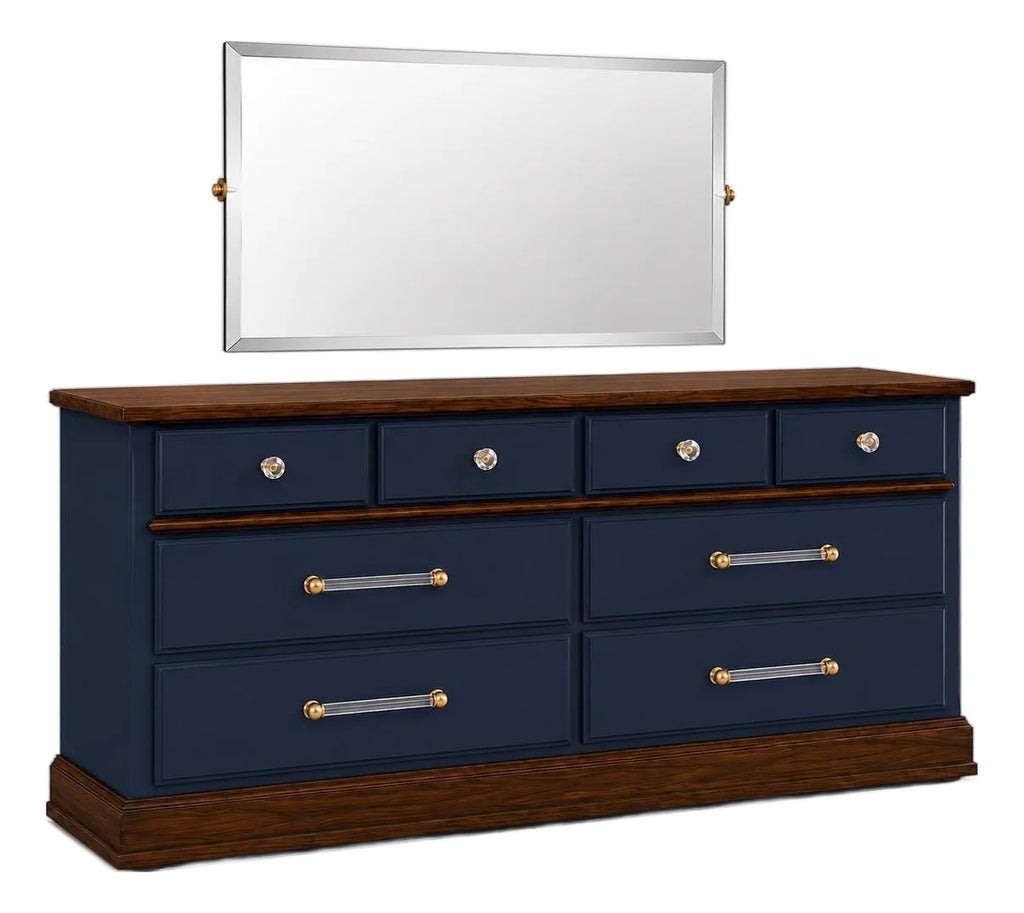 Restored 1960s American Solid Wood Dresser With Frameless Beveled Mirror | Midnight Blue & Old Chapel Satin Walnut™