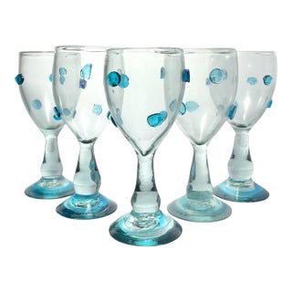 Mexican Aqua Blue Confetti Raised Pebble Mexican Blown Wine or Water Glasses - 5 pcs For Sale