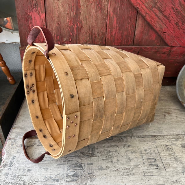 Wood Handcrafted Mountain Trails Basket With Leather Handle 15" High 13" Wide Vintage For Sale - Image 7 of 14