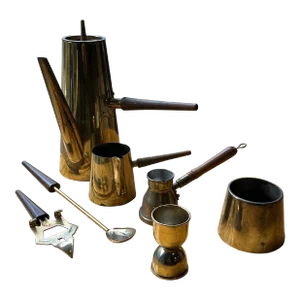 Vintage Wooden and Brass Coffee Set- 8 Pieces