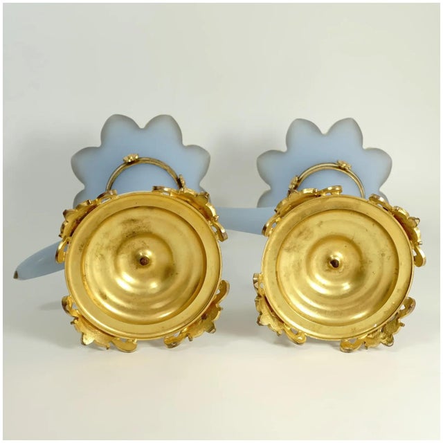 Metal Pair of Antique French Opaline Glass Cornucopia Horn Vases Dore Bronze Mounts For Sale - Image 7 of 8