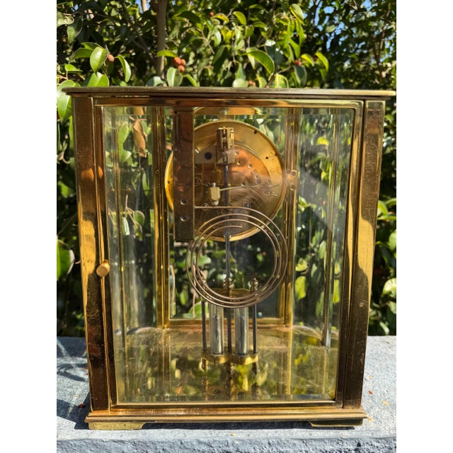 Brass Antique French Art Deco Crystal Regulator Mantel Clock With Curved Glass For Sale - Image 8 of 12