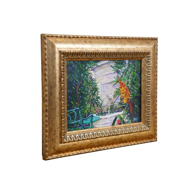 Realism Late 20th Century Garden Terrace Marble Lion Head Fountain Oil Painting on Board 10" For Sale - Image 3 of 9