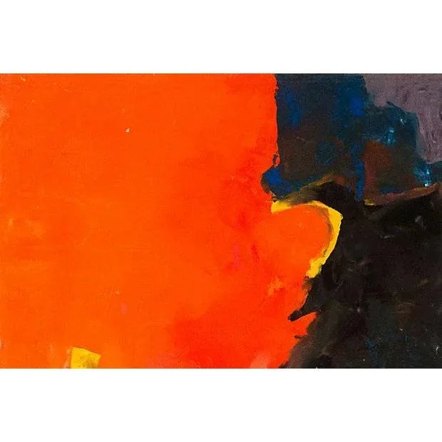 Period oil abstract comprising dynamically interconnected and superimposed forms in primary colors by Isabel Tavernetti...