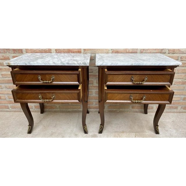 Mid-Century Walnut Nightstands with Drawers and Marble Tops, 1950s, Set of 2 For Sale - Image 12 of 13