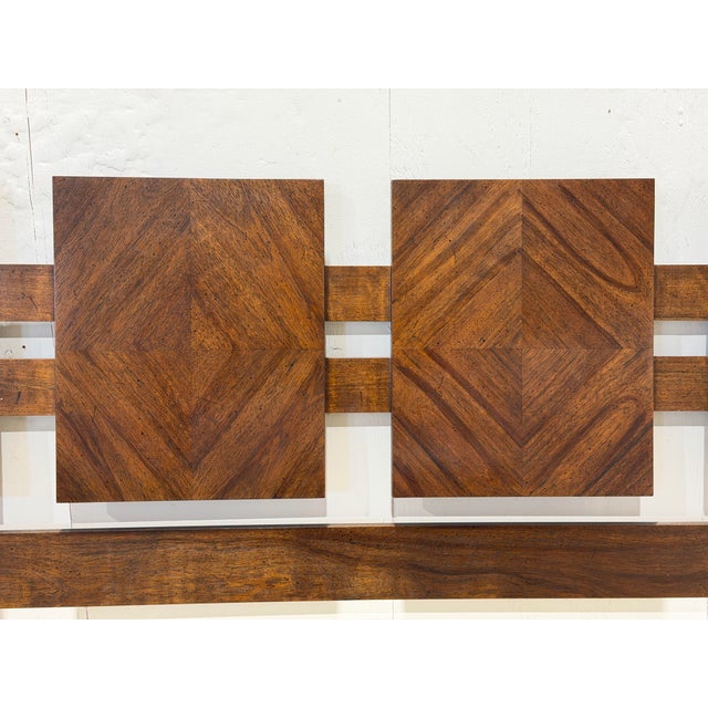 Vintage Lane "Staccato" Brutalist style king size headboard, circa 1970s. Book matched and contrasting walnut veneers with...