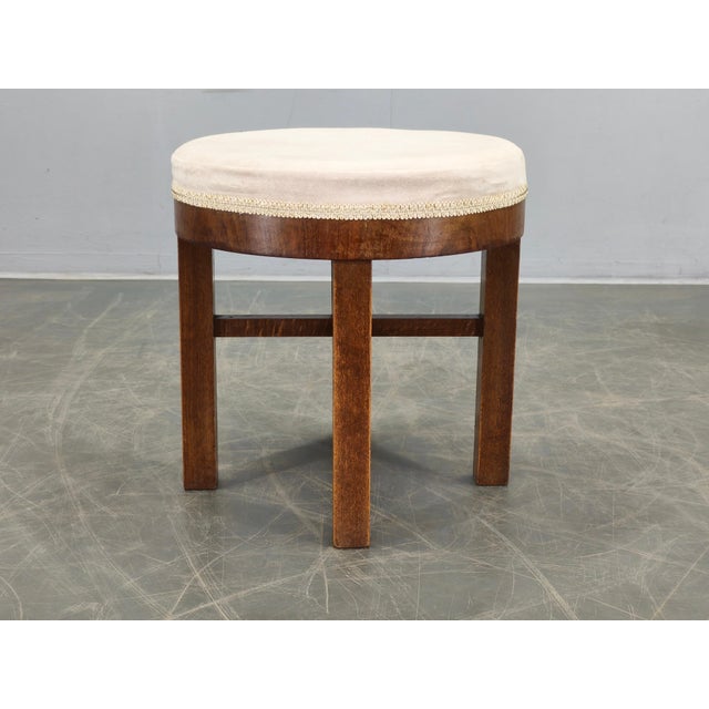 Art Deco Upholstered Walnut Veneer Stool, Former Czechoslovakia, 1930s For Sale - Image 3 of 10