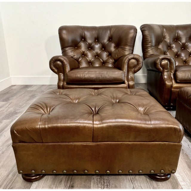 Brown (2) Ralph Lauren Writer’s Chairs With (2) Ottomans For Sale - Image 8 of 11