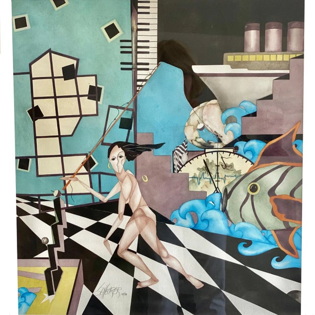 An intriguing surrealist painting, watercolor on paper incorporating figuratively, architectural and nautical imagery. The...