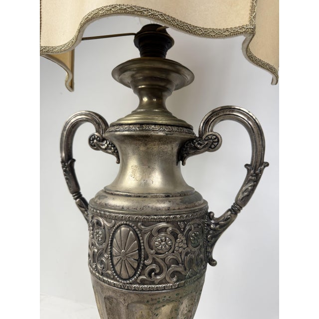 Antique Brass Table Lamp with Silk Shade, 1890s For Sale - Image 5 of 18