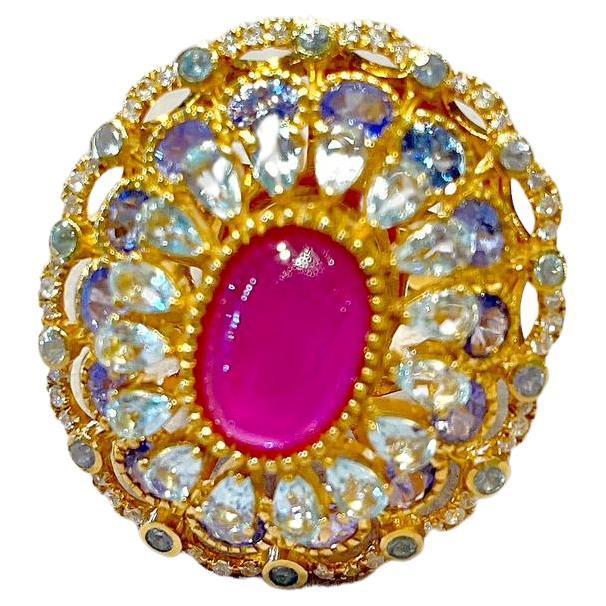 Amethyst Cocktail Ring Tanzanite and Blue Topaz Halo 7.8 Carats For Sale - Image 9 of 18