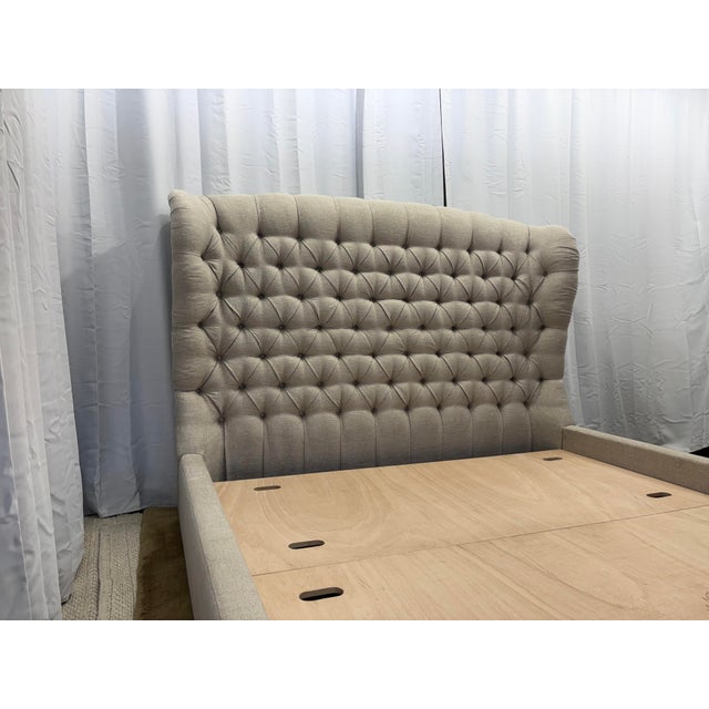 Arhaus Attributed to Arhaus Tufted Wingback Upholstered Bed — King Custom Greige Upholstery | Deep Button Tufting | Fully Upholstered Frame For Sale - Image 4 of 17