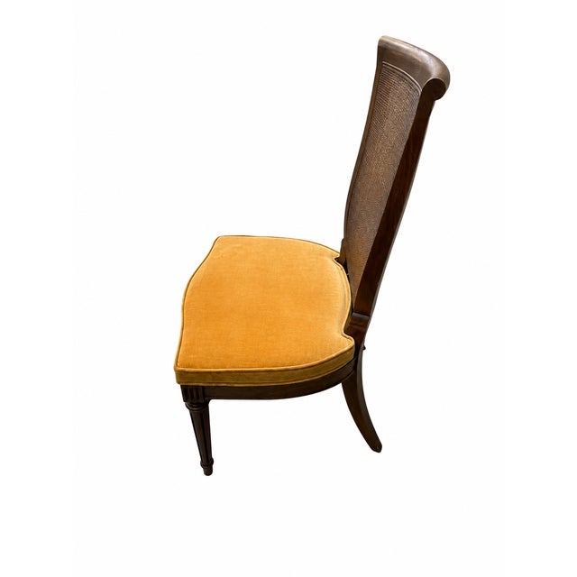 1970s Set of 4 Vintage Neoclassical Cane Back Dining Chairs With Original Harvest Gold Upholstery For Sale - Image 5 of 9