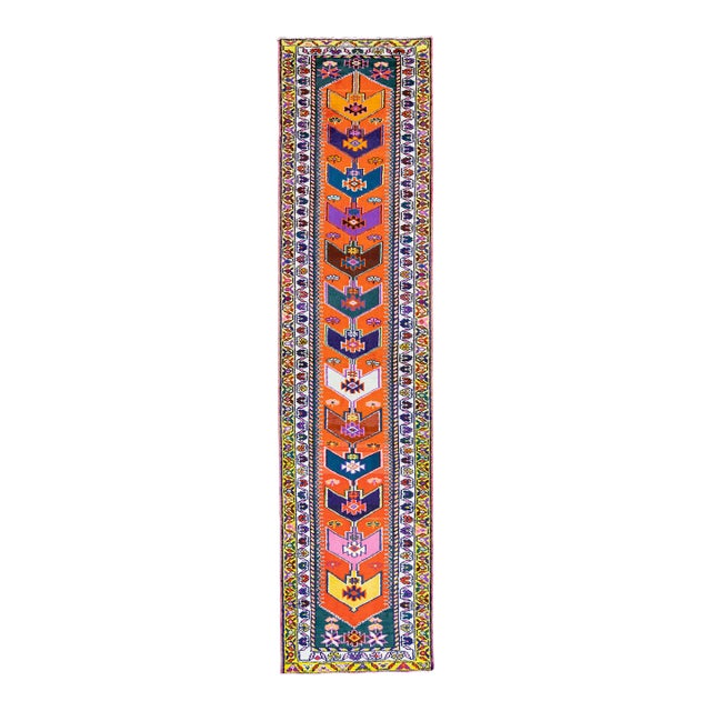 Orange Vintage Turkish Handmade Multicolor Tribal Designed Wool Runner For Sale