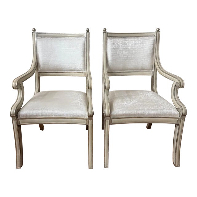 Custom Made Neoclassical Arm Chairs With Silver Gilding (A Pair) For Sale