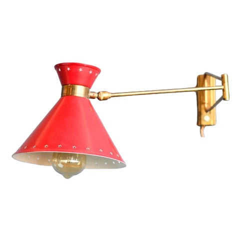 Metal, Brass, and Glass Diablo Wall Lamp by René Mathieu for Lunel, 1950s For Sale